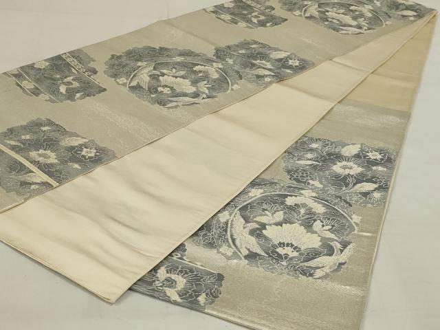平和屋着物◎六通柄袋帯　更紗花丸文　銀糸　正絹　逸品　AABD9296ou