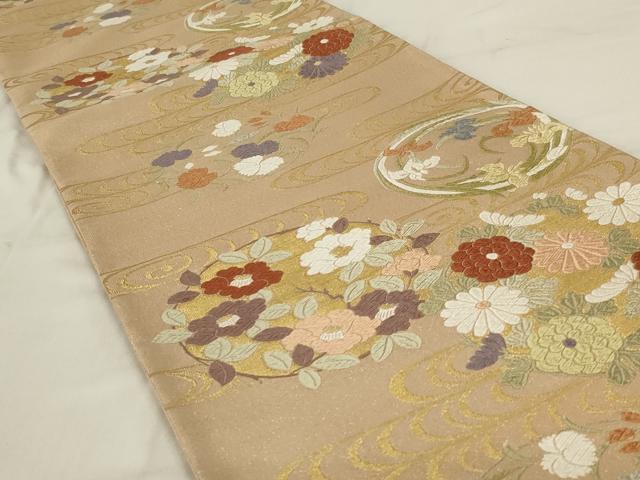 平和屋着物◎綴れ　六通柄袋帯　唐織　流水花丸文　金糸　正絹　逸品　AABD9300ou