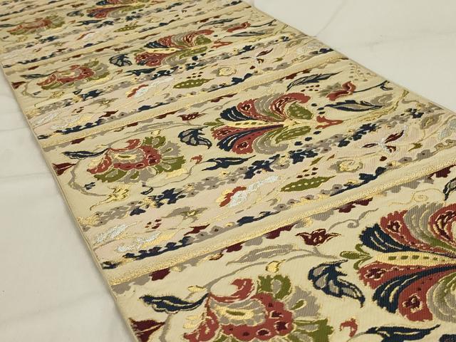 平和屋着物◎六通柄 本袋帯 横段更紗花文 金銀糸 正絹 逸品 AABD9303ou