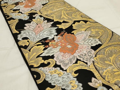 平和屋着物◎六通柄袋帯　更紗花文　黒地　金銀糸　正絹　逸品　AABD9305ou