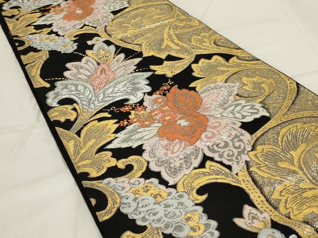 平和屋着物◎六通柄袋帯　更紗花文　黒地　金銀糸　正絹　逸品　AABD9305ou