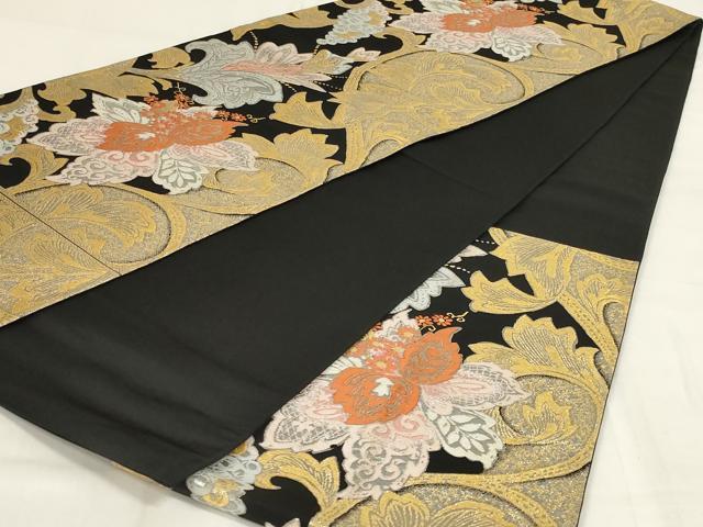 平和屋着物◎六通柄袋帯　更紗花文　黒地　金銀糸　正絹　逸品　AABD9305ou