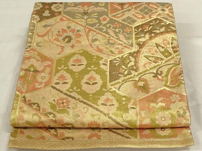 平和屋着物◎佐賀錦　六通柄袋帯　更紗花文　金糸　正絹　逸品　AABD9308ou