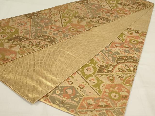 平和屋着物◎佐賀錦　六通柄袋帯　更紗花文　金糸　正絹　逸品　AABD9308ou