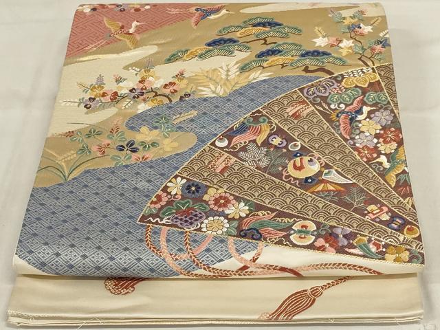 平和屋着物◎六通柄袋帯 唐織 扇面吉祥花文 正絹 逸品 AABD9314ou