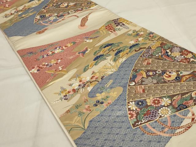 平和屋着物◎六通柄袋帯 唐織 扇面吉祥花文 正絹 逸品 AABD9314ou