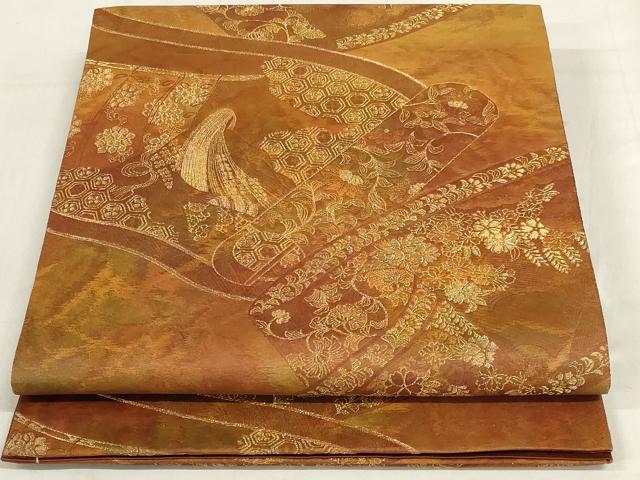 平和屋着物◎六通柄袋帯　鳳凰花文　金糸　正絹　逸品　AABD9317ou