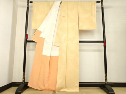 平和屋着物●上質な色無地 花尽くし地紋 萱草色 正絹 逸品 AABD9329ck