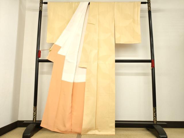 平和屋着物●上質な色無地 花尽くし地紋 萱草色 正絹 逸品 AABD9329ck