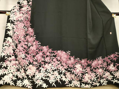 平和屋着物●訪問着　友禅　作家物　草花文　黒地　正絹　逸品　AABD9330ck