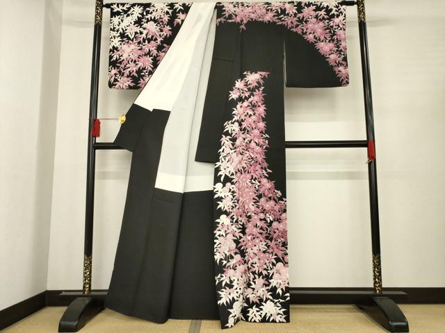 平和屋着物●訪問着　友禅　作家物　草花文　黒地　正絹　逸品　AABD9330ck