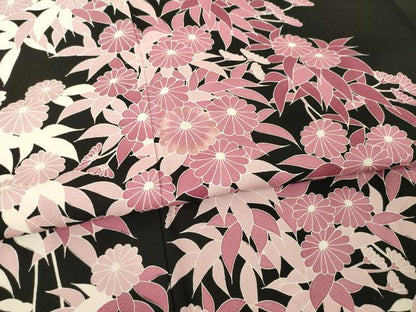平和屋着物●訪問着　友禅　作家物　草花文　黒地　正絹　逸品　AABD9330ck