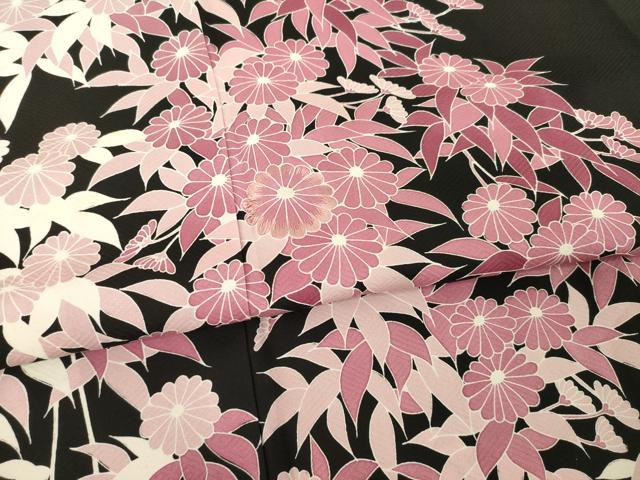 平和屋着物●訪問着　友禅　作家物　草花文　黒地　正絹　逸品　AABD9330ck