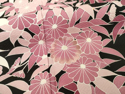 平和屋着物●訪問着　友禅　作家物　草花文　黒地　正絹　逸品　AABD9330ck