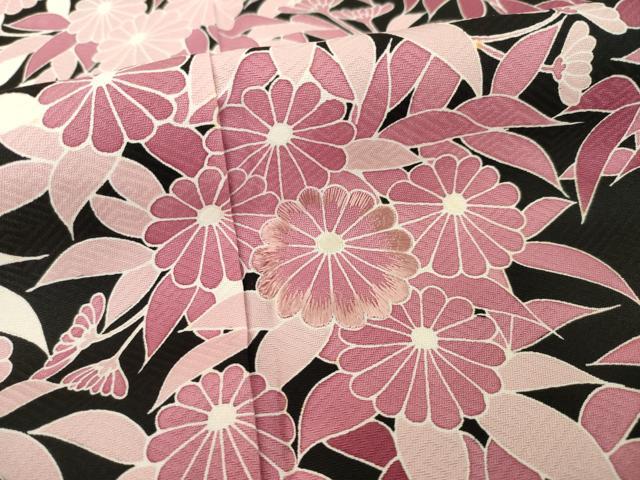 平和屋着物●訪問着　友禅　作家物　草花文　黒地　正絹　逸品　AABD9330ck