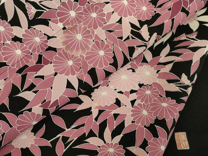 平和屋着物●訪問着　友禅　作家物　草花文　黒地　正絹　逸品　AABD9330ck