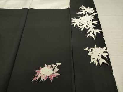 平和屋着物●訪問着　友禅　作家物　草花文　黒地　正絹　逸品　AABD9330ck