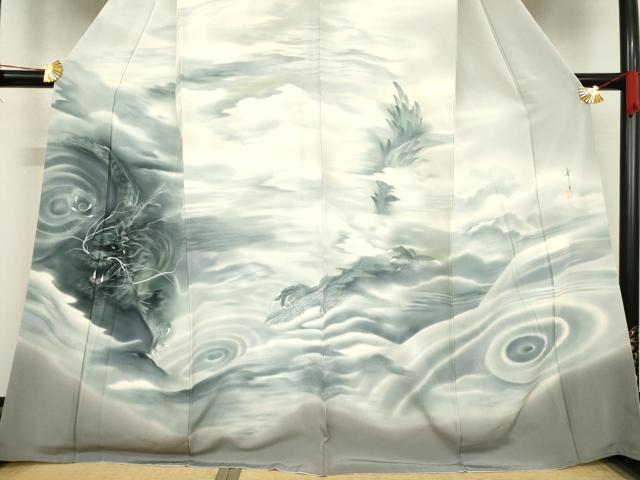 平和屋着物●染色作家　安達華生　訪問着　手描き　龍　銀彩　正絹　逸品　AABD9357ck