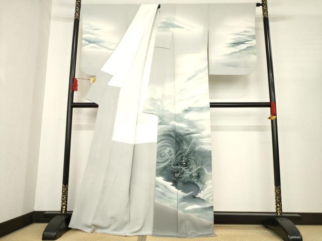 平和屋着物●染色作家　安達華生　訪問着　手描き　龍　銀彩　正絹　逸品　AABD9357ck