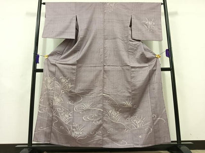 平和屋着物▽訪問着 単衣 紬地 流水杜若文 正絹 逸品 AABD9410jh
