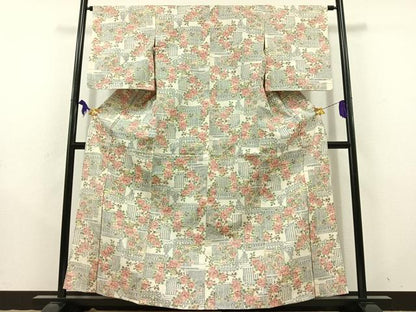 平和屋着物▽上質な紬 単衣 草花文 正絹 逸品 AABD9419jh