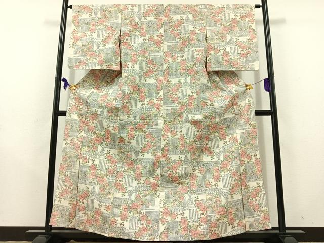 平和屋着物▽上質な紬 単衣 草花文 正絹 逸品 AABD9419jh