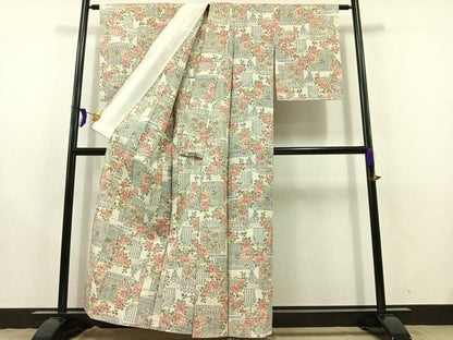 平和屋着物▽上質な紬 単衣 草花文 正絹 逸品 AABD9419jh