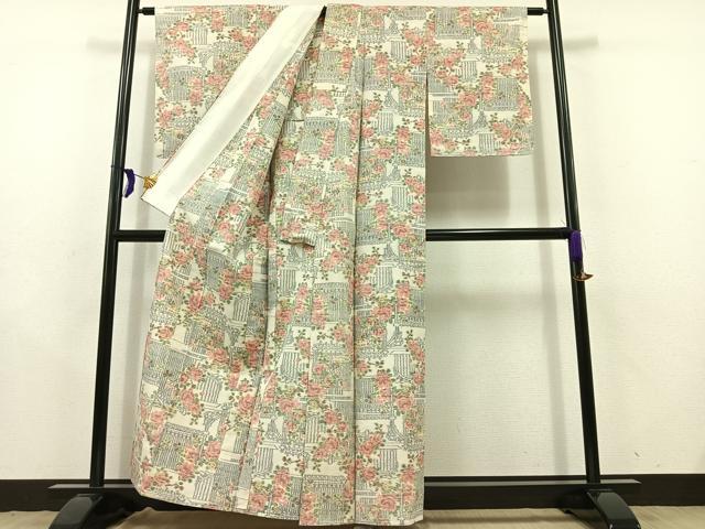 平和屋着物▽上質な紬 単衣 草花文 正絹 逸品 AABD9419jh