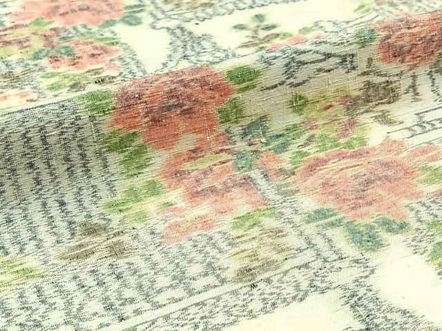 平和屋着物▽上質な紬 単衣 草花文 正絹 逸品 AABD9419jh