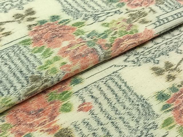 平和屋着物▽上質な紬 単衣 草花文 正絹 逸品 AABD9419jh