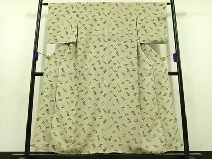 平和屋着物▽上質な小紋 単衣 型染め 人物文 鬼しぼ縮緬 正絹 逸品 AABD9426jh