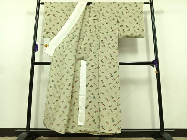 平和屋着物▽上質な小紋 単衣 型染め 人物文 鬼しぼ縮緬 正絹 逸品 AABD9426jh