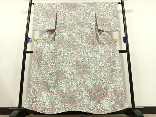 平和屋着物▽上質な小紋　単衣　風景花文　鬼しぼ縮緬　正絹　逸品　AABD9432jh