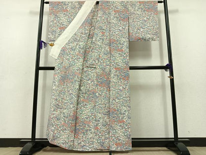 平和屋着物▽上質な小紋　単衣　風景花文　鬼しぼ縮緬　正絹　逸品　AABD9432jh