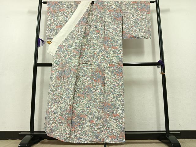 平和屋着物▽上質な小紋　単衣　風景花文　鬼しぼ縮緬　正絹　逸品　AABD9432jh