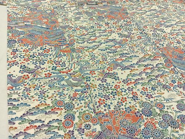平和屋着物▽上質な小紋　単衣　風景花文　鬼しぼ縮緬　正絹　逸品　AABD9432jh