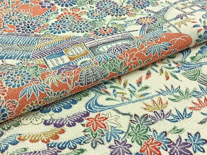 平和屋着物▽上質な小紋　単衣　風景花文　鬼しぼ縮緬　正絹　逸品　AABD9432jh