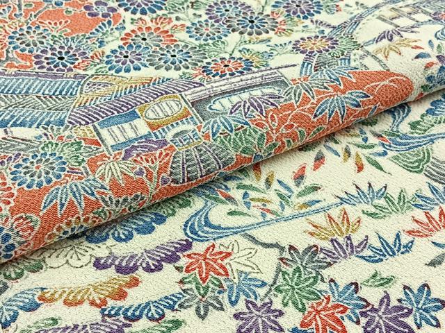 平和屋着物▽上質な小紋　単衣　風景花文　鬼しぼ縮緬　正絹　逸品　AABD9432jh