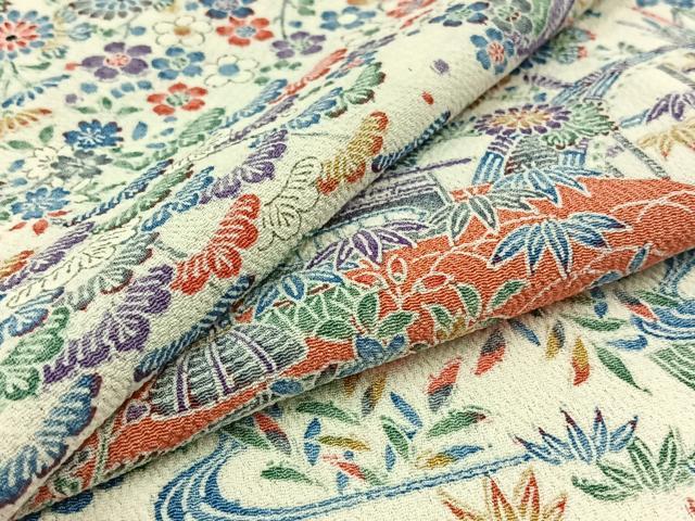 平和屋着物▽上質な小紋　単衣　風景花文　鬼しぼ縮緬　正絹　逸品　AABD9432jh