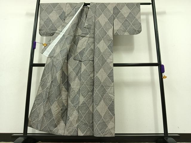 平和屋着物▽上質な紬　単衣　菱文　正絹　逸品　AABD9435jh