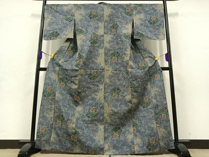 平和屋着物▽上質な紬 単衣 草花文 正絹 逸品 AABD9437jh