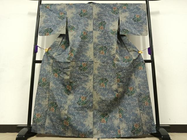 平和屋着物▽上質な紬 単衣 草花文 正絹 逸品 AABD9437jh