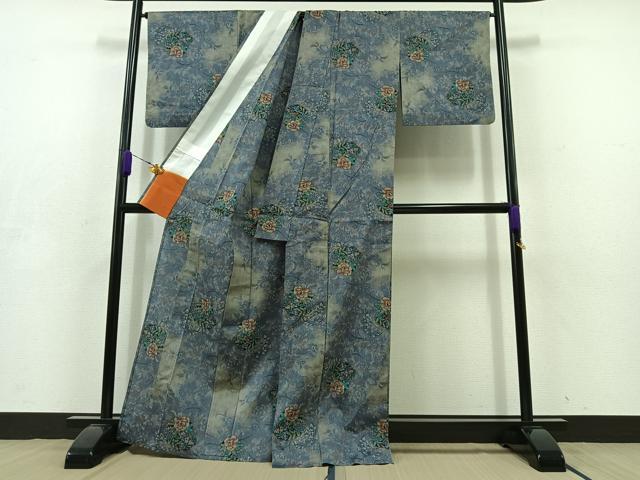 平和屋着物▽上質な紬 単衣 草花文 正絹 逸品 AABD9437jh