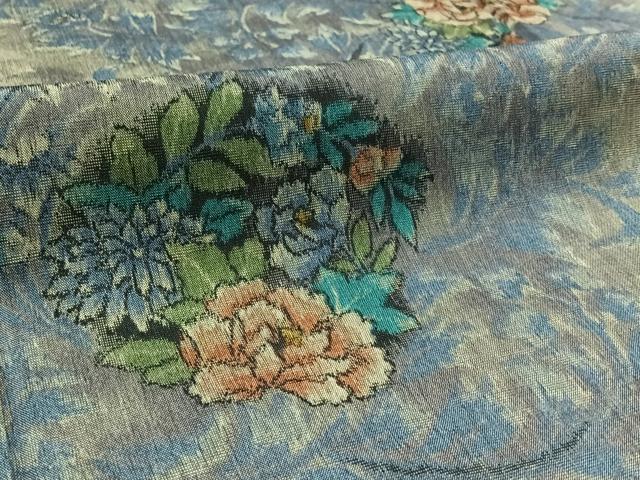 平和屋着物▽上質な紬 単衣 草花文 正絹 逸品 AABD9437jh