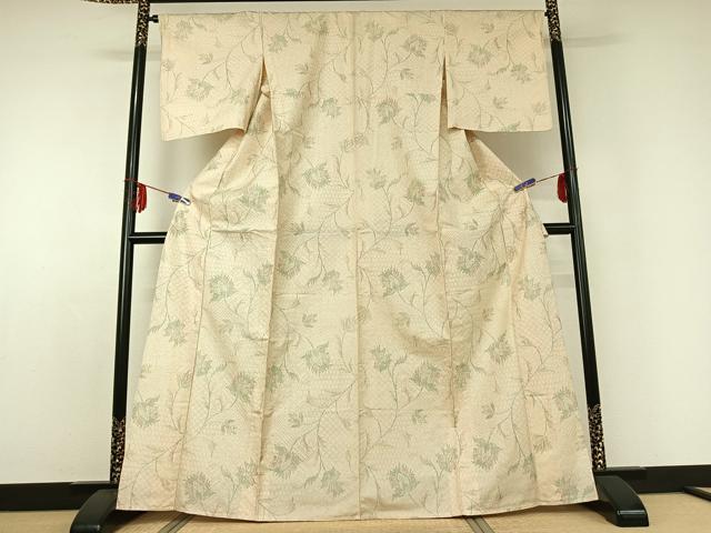 平和屋着物▽上質な紬 単衣 草花文 正絹 逸品 AABD9445jh