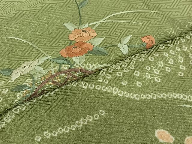 平和屋着物▽訪問着 単衣 絞り 刺繍 花籬文 金糸 金彩 正絹 逸品 AABD9446jh