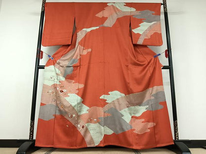 平和屋着物▽訪問着 単衣 駒刺繍 草花文 金彩 正絹 逸品 AABD9449jh