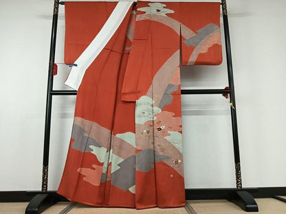 平和屋着物▽訪問着 単衣 駒刺繍 草花文 金彩 正絹 逸品 AABD9449jh
