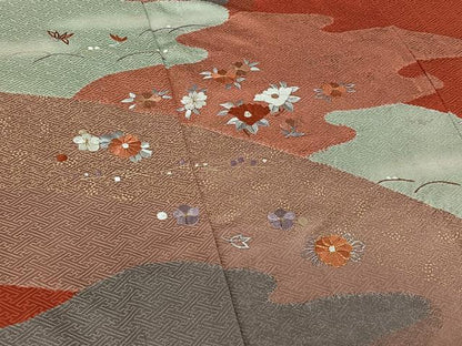 平和屋着物▽訪問着 単衣 駒刺繍 草花文 金彩 正絹 逸品 AABD9449jh