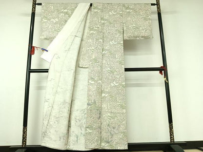平和屋着物▽上質な小紋 単衣 手描き 御所車花文 正絹 逸品 AABD9456jh